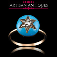 Load image into Gallery viewer, Antique Victorian Diamond Star Ring 9ct Gold Blue Enamel Cabochon - c.1890