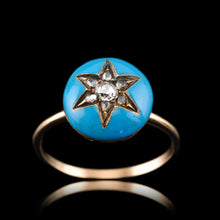 Load image into Gallery viewer, Antique Victorian Diamond Star Ring 9ct Gold Blue Enamel Cabochon - c.1890