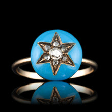 Load image into Gallery viewer, Antique Victorian Diamond Star Ring 9ct Gold Blue Enamel Cabochon - c.1890