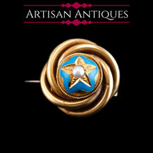 Load image into Gallery viewer, Antique Victorian 18ct Gold Star Blue Enamel Pearl Brooch Pin - c.1880