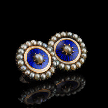 Load image into Gallery viewer, Antique Georgian Gold Earrings with Blue Enamel Guilloche and Seed Pearl Cluster 'Target' Design - c.1800