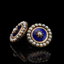 Load image into Gallery viewer, Antique Georgian Gold Earrings with Blue Enamel Guilloche and Seed Pearl Cluster 'Target' Design - c.1800
