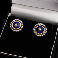 Load image into Gallery viewer, Antique Georgian Gold Earrings with Blue Enamel Guilloche and Seed Pearl Cluster 'Target' Design - c.1800