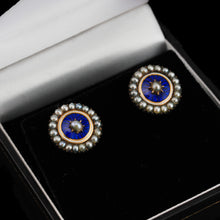 Load image into Gallery viewer, Antique Georgian Gold Earrings with Blue Enamel Guilloche and Seed Pearl Cluster 'Target' Design - c.1800