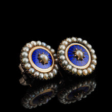 Load image into Gallery viewer, Antique Georgian Gold Earrings with Blue Enamel Guilloche and Seed Pearl Cluster 'Target' Design - c.1800