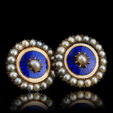 Load image into Gallery viewer, Antique Georgian Gold Earrings with Blue Enamel Guilloche and Seed Pearl Cluster 'Target' Design - c.1800