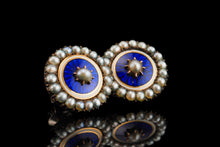 Load image into Gallery viewer, Antique Georgian Gold Earrings with Blue Enamel Guilloche and Seed Pearl Cluster 'Target' Design - c.1800