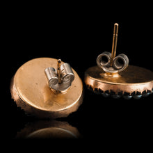 Load image into Gallery viewer, Antique Georgian Gold Earrings with Blue Enamel Guilloche and Seed Pearl Cluster 'Target' Design - c.1800