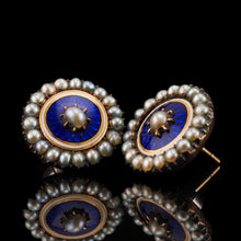 Load image into Gallery viewer, Antique Georgian Gold Earrings with Blue Enamel Guilloche and Seed Pearl Cluster 'Target' Design - c.1800