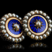 Load image into Gallery viewer, Antique Georgian Gold Earrings with Blue Enamel Guilloche and Seed Pearl Cluster 'Target' Design - c.1800