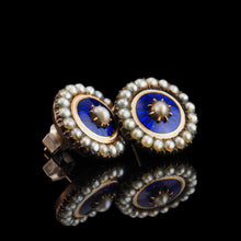 Load image into Gallery viewer, Antique Georgian Gold Earrings with Blue Enamel Guilloche and Seed Pearl Cluster 'Target' Design - c.1800