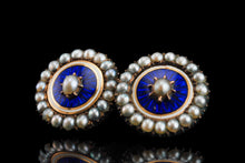 Load image into Gallery viewer, Antique Georgian Gold Earrings with Blue Enamel Guilloche and Seed Pearl Cluster 'Target' Design - c.1800