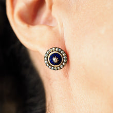 Load image into Gallery viewer, Antique Georgian Gold Earrings with Blue Enamel Guilloche and Seed Pearl Cluster 'Target' Design - c.1800