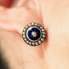 Load image into Gallery viewer, Antique Georgian Gold Earrings with Blue Enamel Guilloche and Seed Pearl Cluster 'Target' Design - c.1800