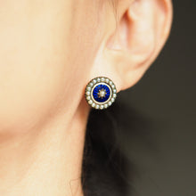 Load image into Gallery viewer, Antique Georgian Gold Earrings with Blue Enamel Guilloche and Seed Pearl Cluster 'Target' Design - c.1800