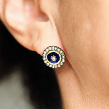 Load image into Gallery viewer, Antique Georgian Gold Earrings with Blue Enamel Guilloche and Seed Pearl Cluster 'Target' Design - c.1800