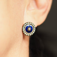Load image into Gallery viewer, Antique Georgian Gold Earrings with Blue Enamel Guilloche and Seed Pearl Cluster 'Target' Design - c.1800