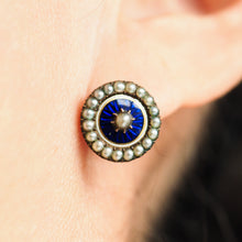 Load image into Gallery viewer, Antique Georgian Gold Earrings with Blue Enamel Guilloche and Seed Pearl Cluster 'Target' Design - c.1800
