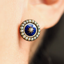Load image into Gallery viewer, Antique Georgian Gold Earrings with Blue Enamel Guilloche and Seed Pearl Cluster 'Target' Design - c.1800