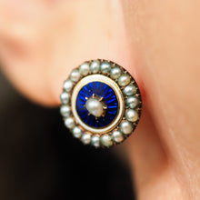 Load image into Gallery viewer, Antique Georgian Gold Earrings with Blue Enamel Guilloche and Seed Pearl Cluster 'Target' Design - c.1800