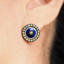 Load image into Gallery viewer, Antique Georgian Gold Earrings with Blue Enamel Guilloche and Seed Pearl Cluster 'Target' Design - c.1800