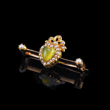 Load image into Gallery viewer, Antique Victorian Chalcedony Brooch with Seed Pearls 15ct Gold Heart Shaped Cabochon - c.1890