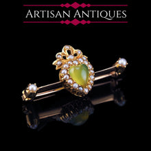 Load image into Gallery viewer, Antique Victorian Chalcedony Brooch with Seed Pearls 15ct Gold Heart Shaped Cabochon - c.1890