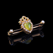 Load image into Gallery viewer, Antique Victorian Chalcedony Brooch with Seed Pearls 15ct Gold Heart Shaped Cabochon - c.1890