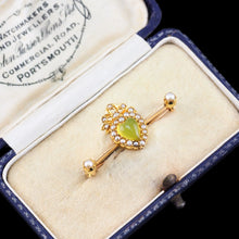 Load image into Gallery viewer, Antique Victorian Chalcedony Brooch with Seed Pearls 15ct Gold Heart Shaped Cabochon - c.1890