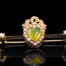 Load image into Gallery viewer, Antique Victorian Chalcedony Brooch with Seed Pearls 15ct Gold Heart Shaped Cabochon - c.1890