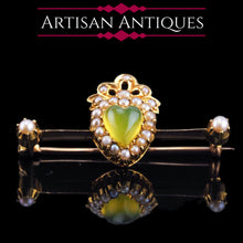 Load image into Gallery viewer, Antique Victorian Chalcedony Brooch with Seed Pearls 15ct Gold Heart Shaped Cabochon - c.1890