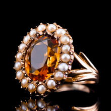 Load image into Gallery viewer, Antique Victorian Citrine & Seed Pearl Cluster Ring 9ct Gold - c.1890