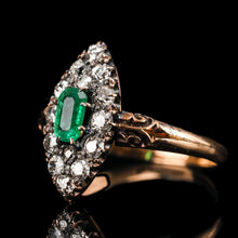Load image into Gallery viewer, Magnificent Antique Victorian 18K Gold Emerald & Diamond Navette Cluster Ring - c.1880