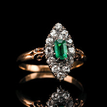 Load image into Gallery viewer, Magnificent Antique Victorian 18K Gold Emerald & Diamond Navette Cluster Ring - c.1880