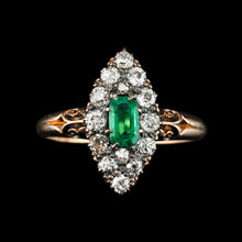 Load image into Gallery viewer, Magnificent Antique Victorian 18K Gold Emerald & Diamond Navette Cluster Ring - c.1880 - Artisan Antiques