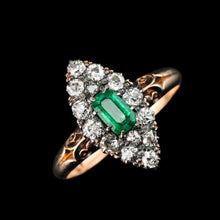 Load image into Gallery viewer, Magnificent Antique Victorian 18K Gold Emerald & Diamond Navette Cluster Ring - c.1880