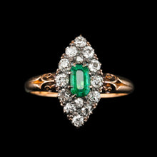 Load image into Gallery viewer, Magnificent Antique Victorian 18K Gold Emerald & Diamond Navette Cluster Ring - c.1880