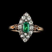 Load image into Gallery viewer, Magnificent Antique Victorian 18K Gold Emerald & Diamond Navette Cluster Ring - c.1880 - Artisan Antiques