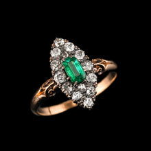 Load image into Gallery viewer, Magnificent Antique Victorian 18K Gold Emerald & Diamond Navette Cluster Ring - c.1880