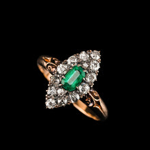 Load image into Gallery viewer, Magnificent Antique Victorian 18K Gold Emerald & Diamond Navette Cluster Ring - c.1880 - Artisan Antiques