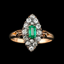 Load image into Gallery viewer, Magnificent Antique Victorian 18K Gold Emerald & Diamond Navette Cluster Ring - c.1880