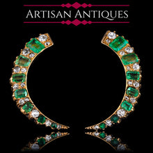 Load image into Gallery viewer, Antique Victorian Emerald & Diamond Earrings 18ct Gold Crescent Design - c.1890