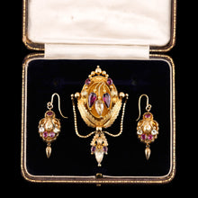 Load image into Gallery viewer, Antique Victorian 18K Gold Brooch/Pendant & Earrings Garnet & Chrysoberyl - Etruscan Revival c.1870