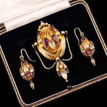 Load image into Gallery viewer, Antique Victorian 18K Gold Brooch/Pendant & Earrings Garnet & Chrysoberyl - Etruscan Revival c.1870