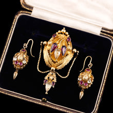 Load image into Gallery viewer, Antique Victorian 18K Gold Brooch/Pendant & Earrings Garnet & Chrysoberyl - Etruscan Revival c.1870