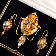 Load image into Gallery viewer, Antique Victorian 18K Gold Brooch/Pendant & Earrings Garnet & Chrysoberyl - Etruscan Revival c.1870