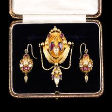 Load image into Gallery viewer, Antique Victorian 18K Gold Brooch/Pendant & Earrings Garnet & Chrysoberyl - Etruscan Revival c.1870