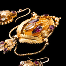 Load image into Gallery viewer, Antique Victorian 18K Gold Brooch/Pendant & Earrings Garnet & Chrysoberyl - Etruscan Revival c.1870