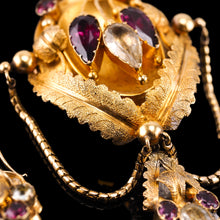 Load image into Gallery viewer, Antique Victorian 18K Gold Brooch/Pendant & Earrings Garnet & Chrysoberyl - Etruscan Revival c.1870