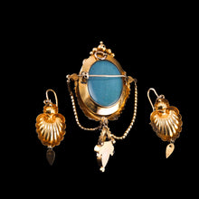 Load image into Gallery viewer, Antique Victorian 18K Gold Brooch/Pendant & Earrings Garnet & Chrysoberyl - Etruscan Revival c.1870